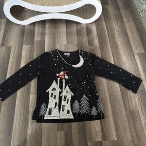 The Collective Works Of Berek Santa Christmas Shirt Black Sz Large Sheer Sleeves